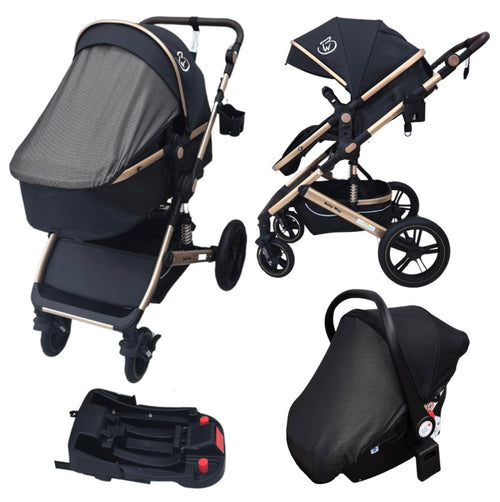 Preorder - Supra Gold 3-in-1 Travel System – Stroller Buggy + Bassinet + Capsule Car Seat and Mattress, Food Tray - Black Gold