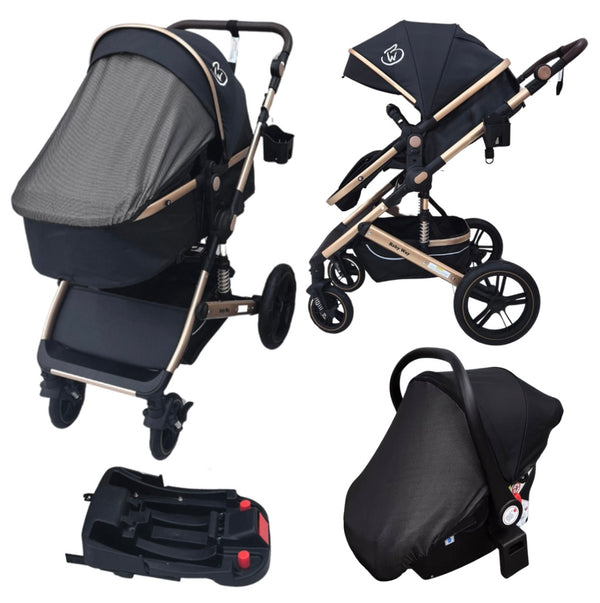 Preorder - Supra Gold 3-in-1 Travel System – Stroller + Bassinet + Capsule Car Seat and Mattress, Food Tray - Black Gold