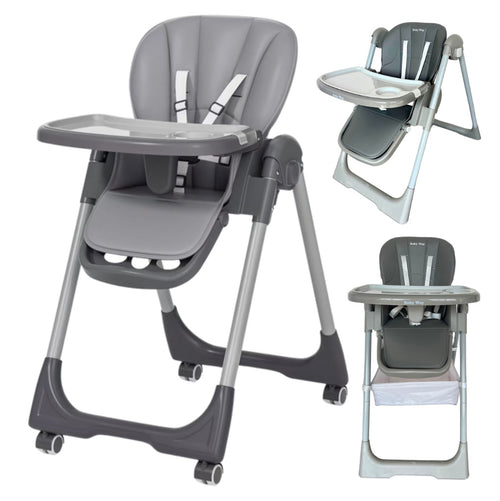 Elevate Adjustable and Folding High Chair with Locking Wheels and Storage Basket - GREY