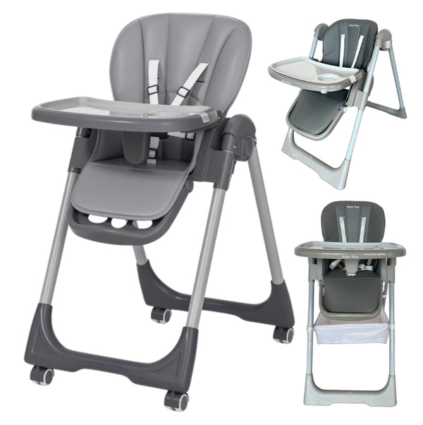 Elevate Adjustable and Folding High Chair with Locking Wheels and Storage Basket - GREY