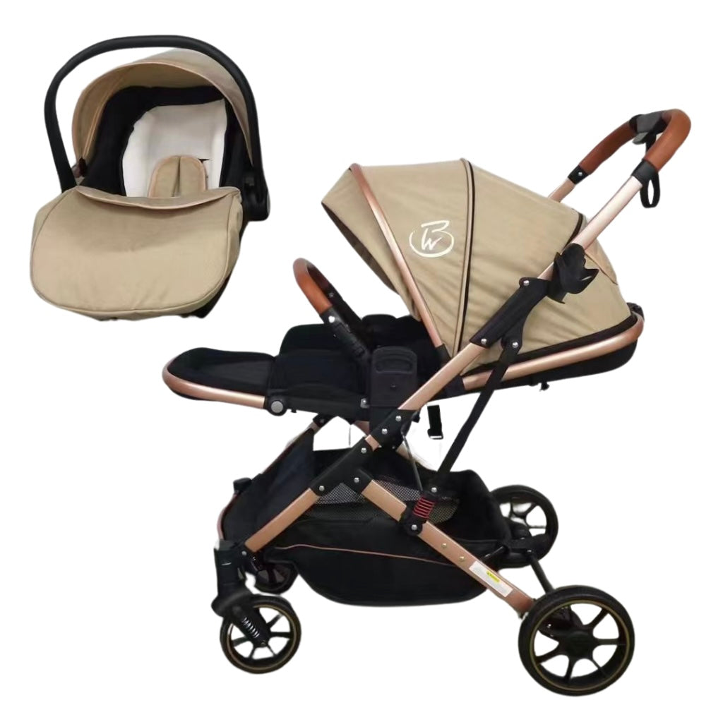 The Flex Beige: 3 in 1 Stroller, Open Bassinet, and Capsule Car Seat Combo