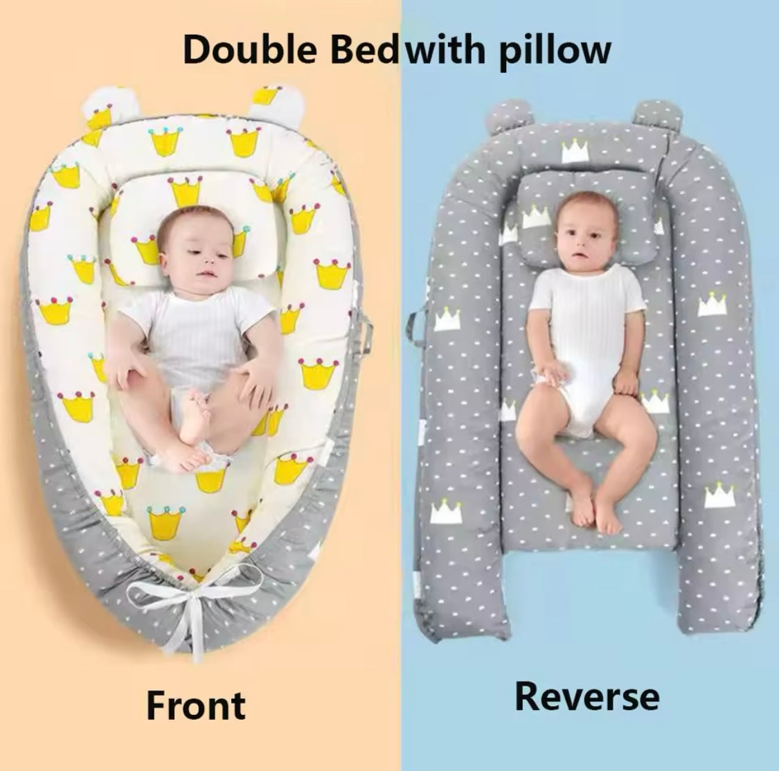 Reversible Baby Lounger with Pillow – Adjustable Portable Baby Bed