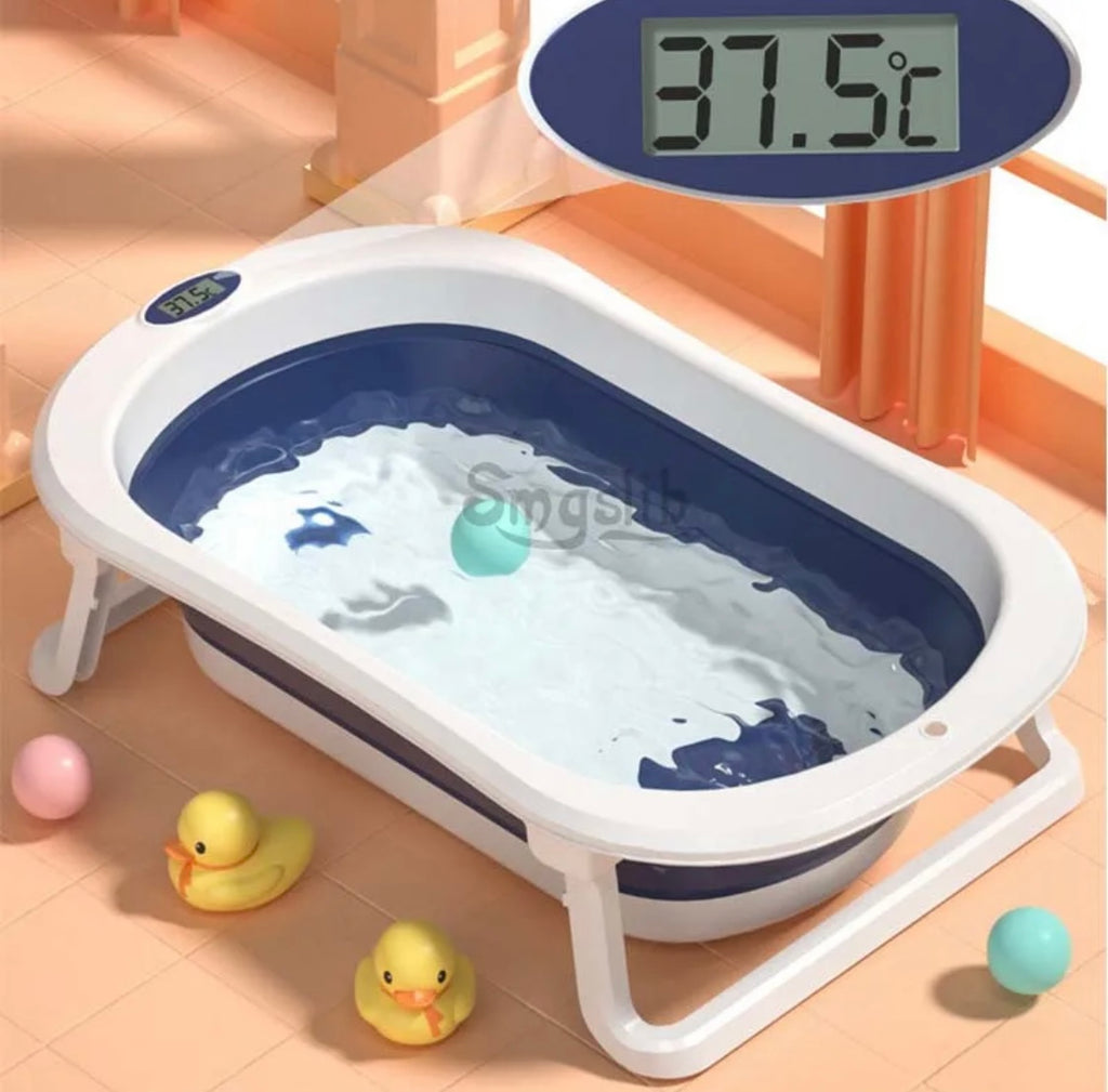 Modern Space-Saving Baby Bathtub with Supportive Pillow and Temperature Reader