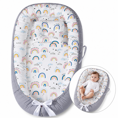 Portable Baby Lounger Nest with Soft Cotton and Rainbows