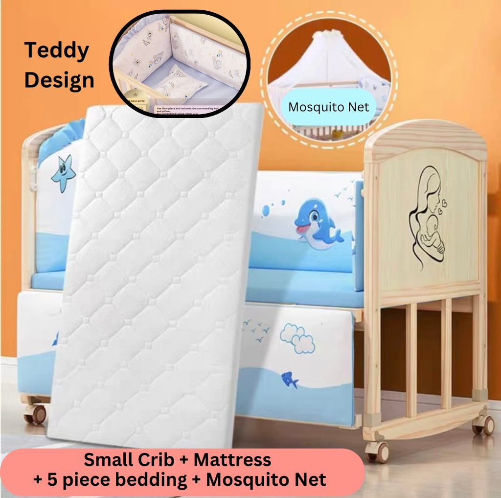 Co-sleeper Wooden Baby Crib Bed + Mattress and 5-piece teddy design bedding