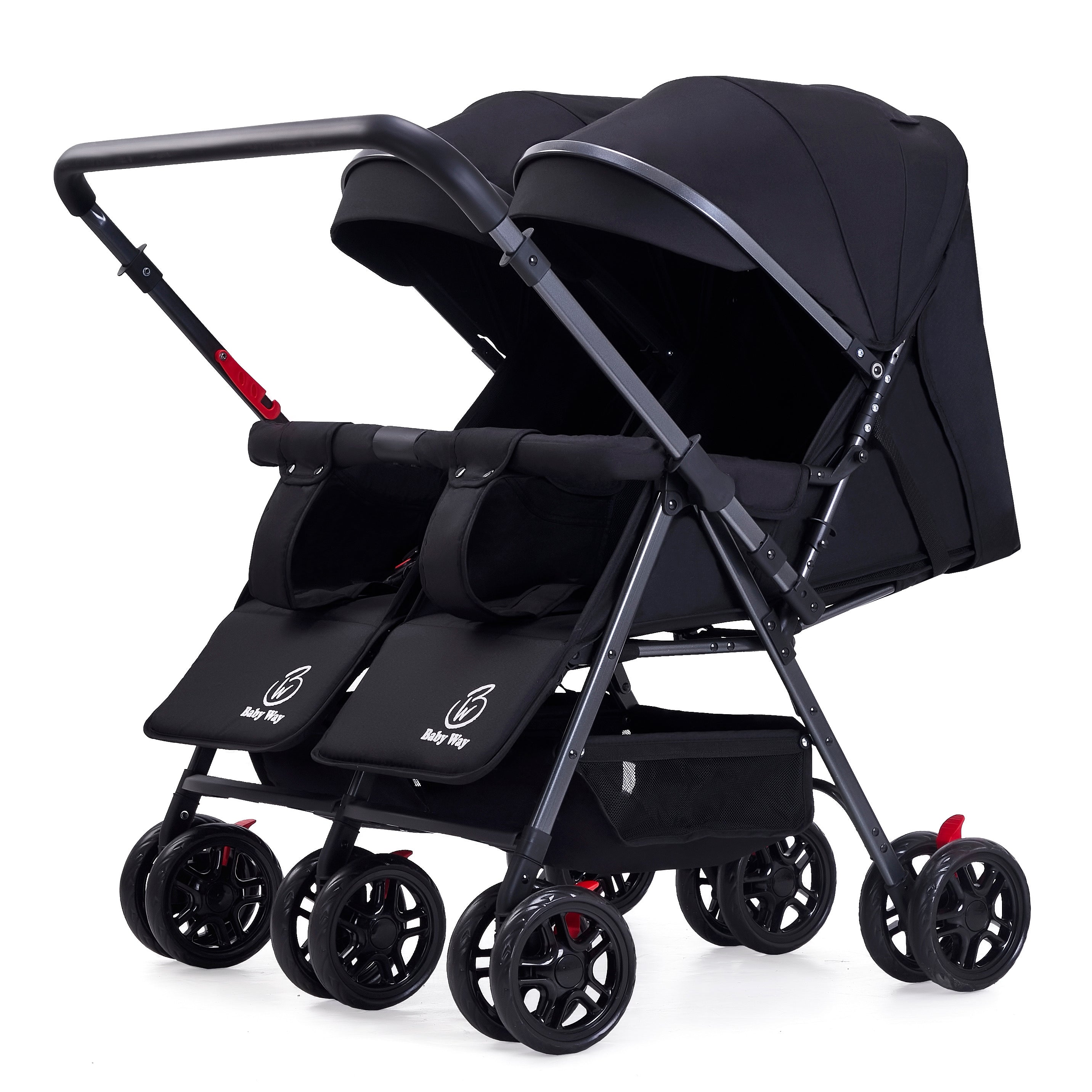 Black 2-Way Folding Twin Stroller with Rain Cover Baby Way NZ
