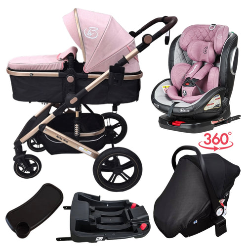 Supra Pink Bundle - 4in1 Stroller Buggy + Bassinet + Capsule with ISOFIX Base Combo + Royal 360 Rotating Convertible Car Seat